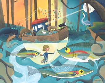 Big Fine Art Print - Adventure girl with river boat party, rainbow trout and otters (Design 55)
