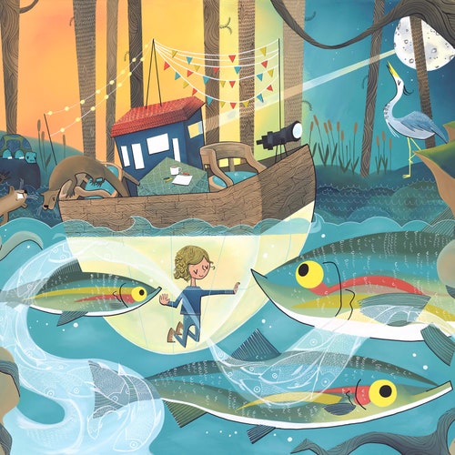 Fine Art Print- Adventure girl with river boat party, rainbow trout and otters (Design 55)