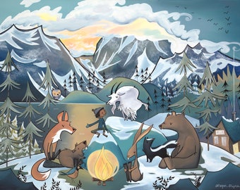 May include: A whimsical illustration of a snowy mountain scene with a campfire, a young person, a fox, a bear, a goat, a rabbit, and a skunk. The scene is painted in a colorful style with a blue, green, and white color palette.