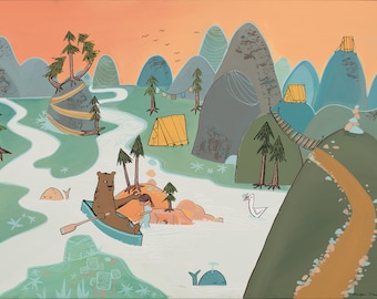 May include: A whimsical illustration of a bear and a child in a canoe on a river surrounded by mountains, trees, and tents. The scene is painted in soft, pastel colors with a warm, orange sky.