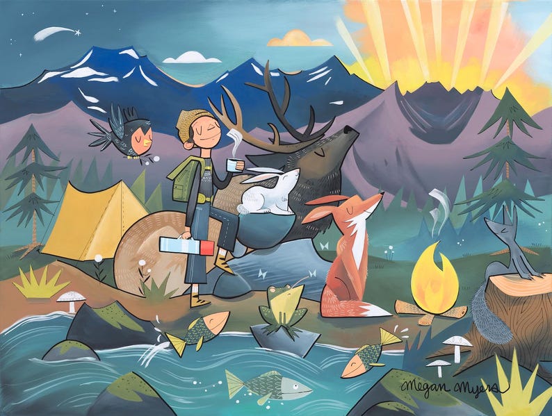 Pu&ograve; includere: Un'illustrazione colorata di una persona che campeggia in montagna con un fal&ograve;, una tenda, un cervo, una volpe, un coniglio, un uccello e un gatto. Il sole sorge sopra le montagne. Il testo "megan myers" &egrave; nell'angolo in basso a destra dell'immagine.