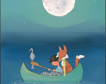 May include: A blue canoe with a person and a fox paddling on a lake under a full moon. A bird sits on the edge of the canoe.