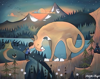 May include: A digital illustration of a young person with a backpack standing on a cliff overlooking a lake and a mountain range. A large, friendly-looking brown and tan animal with a long tail is standing on the cliff next to the person. The scene is set at dusk with a starry sky and a sunset in the background.