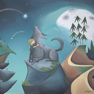 May include: A girl with brown hair hugs a gray wolf on a cliff. The moon is full and there are shooting stars in the night sky.