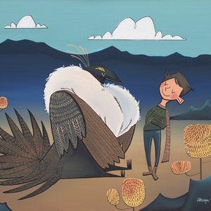 May include: A cartoon illustration of a boy standing next to a large, fluffy bird with a brown, black, and white patterned tail. The bird has a white, fluffy body and a black head with yellow eyes. The boy is wearing a green sweater, blue jeans, and a brown scarf. The background is a blue sky with white clouds and a mountain range.