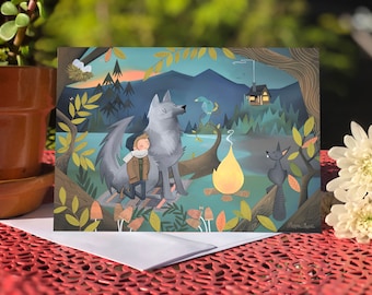 May include: A whimsical illustration of a person with a wolf, a campfire, and a small cabin in the woods. The scene is painted in a blue, green, and yellow color palette.