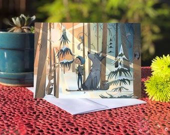 May include: A greeting card featuring a watercolor illustration of a person and a wolf in a snowy forest. The person is wearing a blue hat and a backpack and is holding a pair of ski poles. The wolf is standing next to the person and looking up at the sky. The forest is filled with trees and snow. The sun is shining through the trees, creating a warm glow.