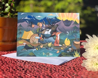 May include: A colorful illustration of a camping scene with a person, a deer, a fox, a rabbit, and a campfire. The scene is set in a forest with mountains in the background. The illustration is done in a cartoon style with bright colors.