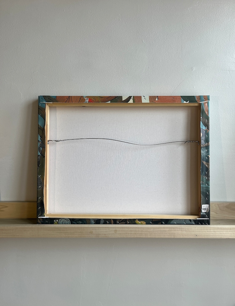 Pu&ograve; includere: Il retro di una stampa su tela incorniciata con un design astratto colorato. La cornice &egrave; in legno e ha una finitura marrone scuro. La tela &egrave; tesa sul telaio ed &egrave; fissata con punti metallici. La stampa &egrave; protetta da una vernice trasparente.