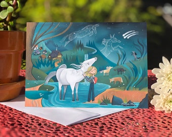 May include: A girl in a blue jacket and jeans is petting a white horse in a stream. The background is a blue night sky with stars and a small village in the distance. The image is a whimsical illustration with a magical feel.