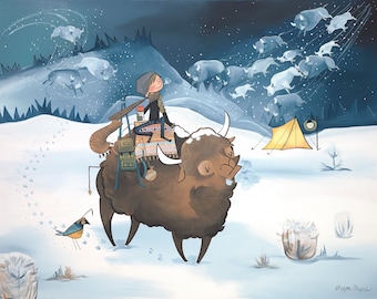 May include: A girl wearing a blue hat and scarf rides a brown and white yak through a snowy landscape. The yak is carrying a backpack and other supplies. The sky is dark blue with white stars and a yellow tent is in the distance.