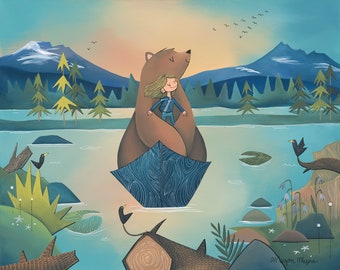 Fine Art Print -Sparks Lake- Mountain View Bear and Adventure Girl (Design 75)