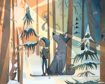 Puede incluir: Una persona joven con un gorro azul y una mochila esquía de fondo a través de un bosque nevado con un lobo a su lado. El sol brilla a través de los árboles, proyectando un cálido resplandor en la escena.