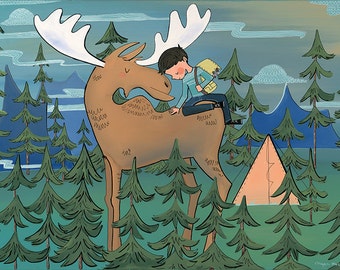 Big Fine Art Print - Camping Boy and Friendly Moose in the Forest (Design 9)