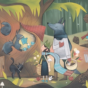 May include: A whimsical illustration of a wolf, a girl, and a squirrel in a forest setting. The wolf is wearing a blue scarf and a white sweater. The girl is wearing a blue dress and a crown. The squirrel is pouring tea from a teapot. There are mushrooms, apples, and other forest elements in the scene.