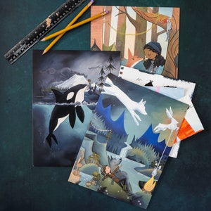 May include: A set of four illustrated cards featuring whimsical scenes with animals and people. The cards are printed on thick paper with a matte finish. The cards are perfect for sending a note or adding a touch of whimsy to your home decor.
