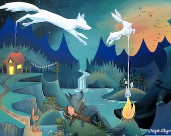 Puede incluir: Una ilustración caprichosa de una niña y un lobo sentados junto a una fogata en un bosque. Dos zorros blancos vuelan en el cielo sobre ellos, con una cadena de luces colgando entre los árboles en el fondo.
