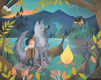 Fine Art Print - Bluebird Wolf and Adventure Boy at Campfire (Design 59)