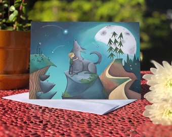 May include: A greeting card with a whimsical illustration of a person hugging a wolf under a full moon. The scene is set in a forest with shooting stars and a winding path.