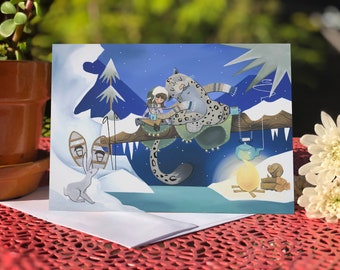 May include: A snowy winter scene with a girl and a snow leopard sitting on a branch. The girl is wearing a blue hat and scarf and holding a cup. The snow leopard is white with black spots and has a blue scarf. There is a rabbit in the snow and a teapot on a branch.