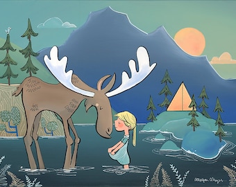 May include: A brown moose with large antlers stands in a lake with a young girl in a blue dress. The moose is looking at the girl and the girl is looking at the moose. There is a small island in the background with a tent on it. The sky is blue and there are mountains in the distance.
