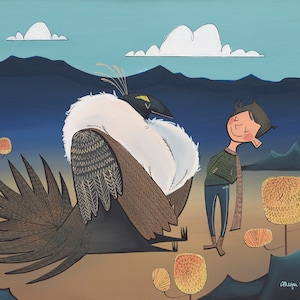 May include: A cartoon illustration of a person standing next to a large, fluffy bird with a long, brown tail. The bird has a white chest and a black head. The person is wearing a green sweater and blue jeans. The background is a blue sky with white clouds and brown mountains.