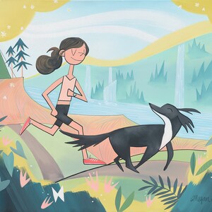 May include: A woman in a pink tank top and black shorts runs with a black and white dog on a path in a forest. The background features a waterfall and a green tent.