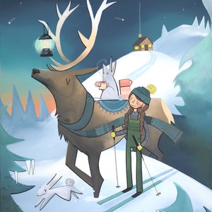Big Fine Art Print - Elk Lantern - Festive Elk and Ski Girl (Design 71)