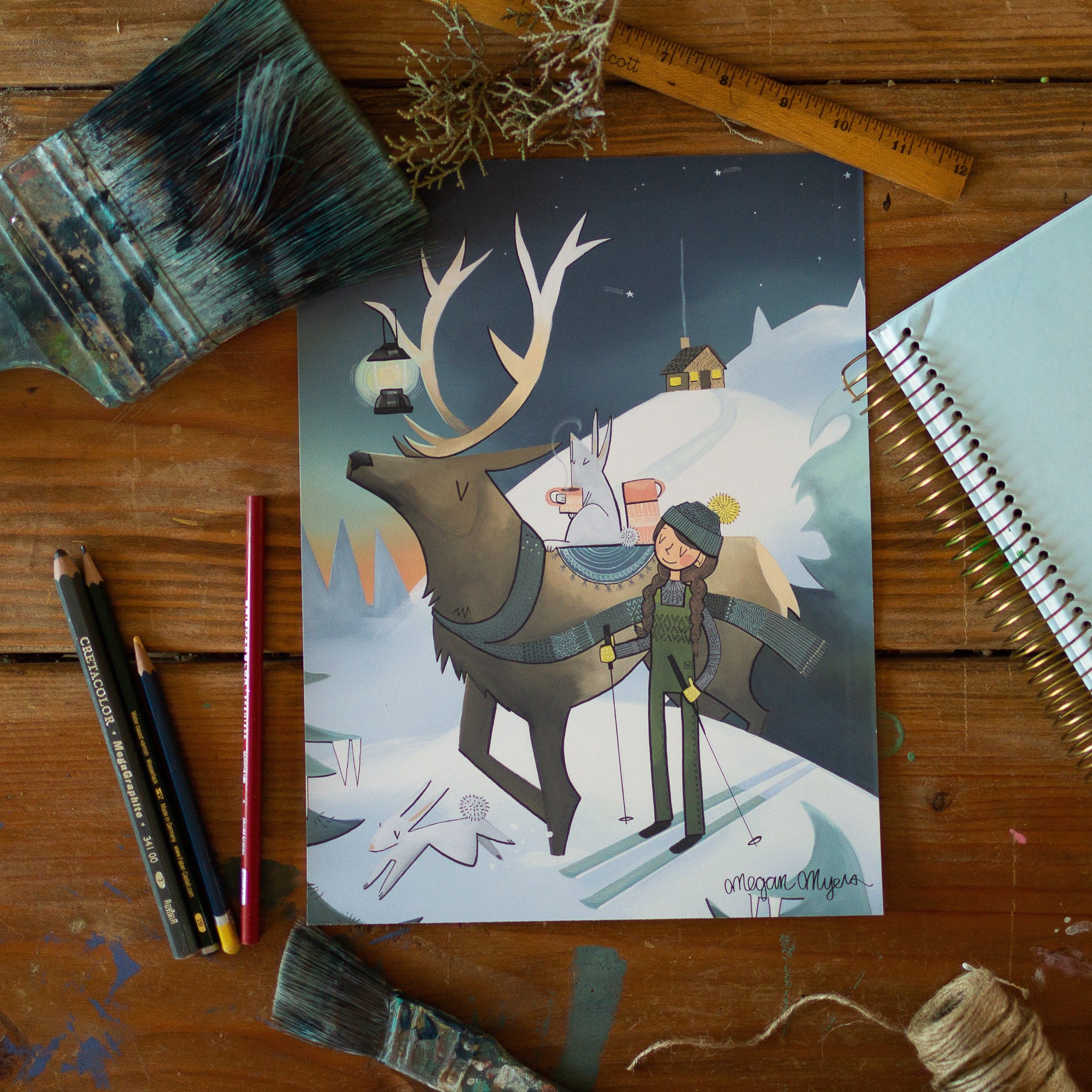 Fine Art Print Elk Lantern Alce festivo y chica de esquí - Etsy México