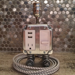 Metal finish industrial bedside or table lamp with USB charging