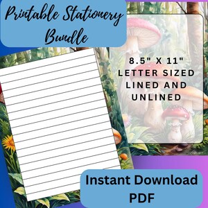 Carta da lettere stampabile, acquerello, funghi, bosco, carta digitale, lettere, diari, appunti, blocchi per appunti, formato lettera, a righe, non a righe