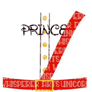 May include: A white shirt with a red sash and gold buttons. The word "PRINCE" is written in black across the front of the shirt.