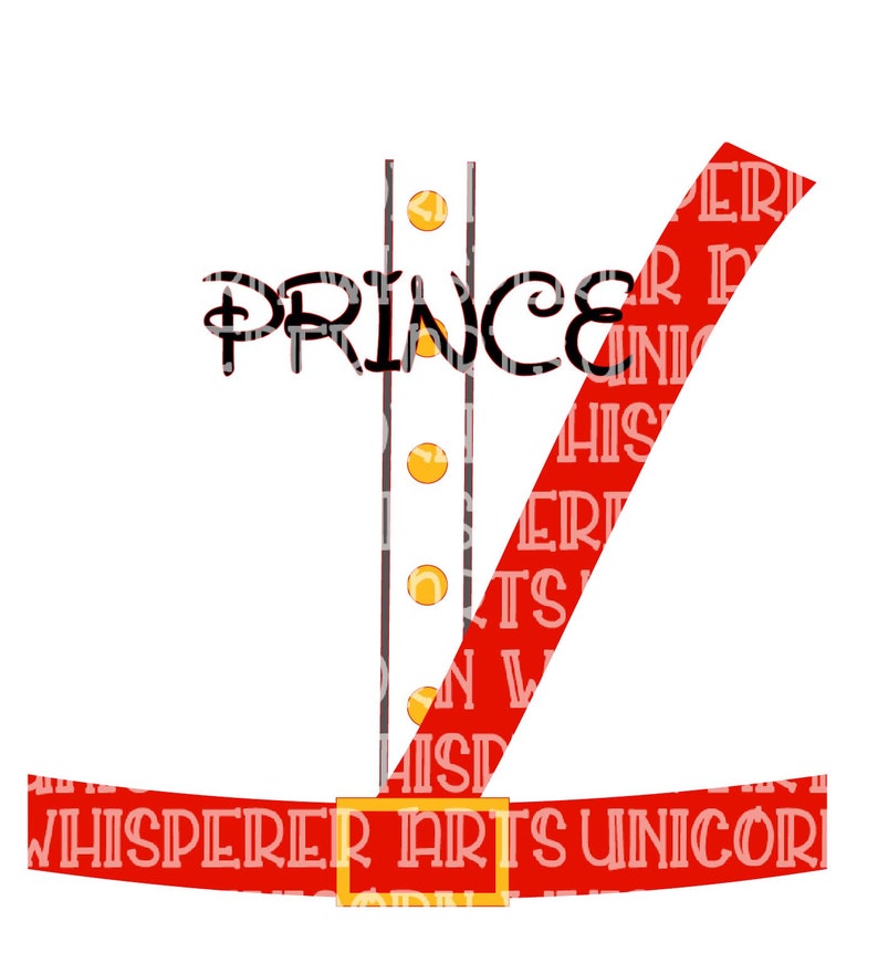 May include: A white shirt with a red sash and gold buttons. The word "PRINCE" is written in black across the front of the shirt.