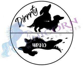 Könnte beinhalten: Schwarz-weiße Silhouette von zwei Dackeln in einem Kreis. Der obere Hund steht auf seinen Hinterbeinen mit seinen Vorderpfoten auf dem Rücken des anderen Hundes. Der Text "Dirty" steht über den Hunden und "Clean" steht unter den Hunden.