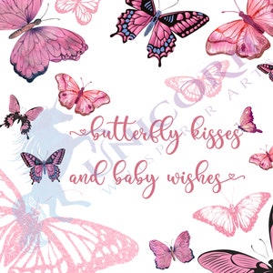 Butterfly Kisses Baby Wishes All Pink Butterflies Digital Baby Shower Party Backdrop Instant Download Wall Décor Printable