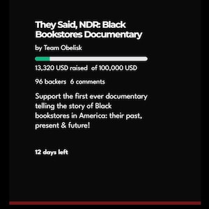 Może przedstawiać: Czarny grafika Indiegogo promująca film dokumentalny "They Said, NDR: Black Bookstores Documentary" autorstwa Team Obelisk. Pokazuje 13 320 USD zebrane z 100 000 USD, 96 wspierających i 6 komentarzy. Tekst pokazuje również "12 dni pozostało".