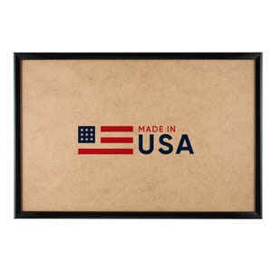 A black contemporary 16 x 20 inch picture frame with foil finish plastic moldings, no image, MDF backing, and with a MADE IN USA label