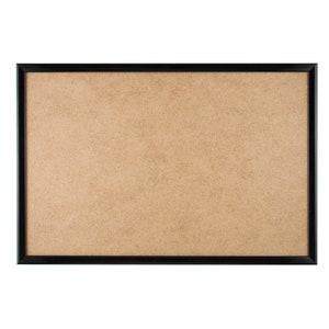 May include: A black framed corkboard with a brown cork surface.