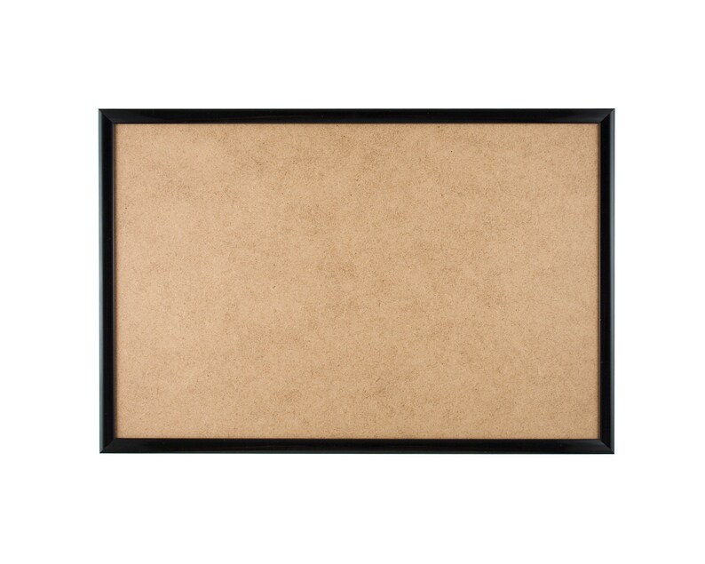 May include: A black framed corkboard with a brown cork surface.