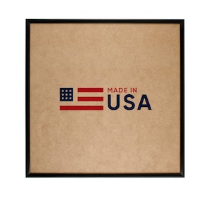 May include: A brown cardboard box with a black frame. The box has a red, white, and blue American flag and the text "Made in USA" printed on it.