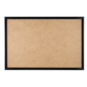 May include: A black framed corkboard with a brown cork surface.