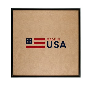 A black contemporary 20 x 20 inch picture frame with foil finish plastic moldings, no image, MDF backing, and with a MADE IN USA label