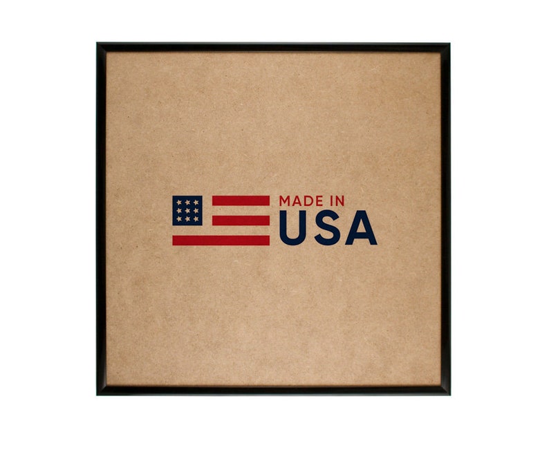 A black contemporary 20 x 20 inch picture frame with foil finish plastic moldings, no image, MDF backing, and with a MADE IN USA label