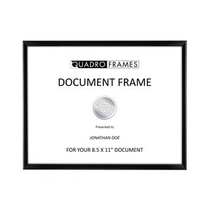 May include: Black document frame with the text "QUADRO FRAMES DOCUMENT FRAME" and "Presented to JONATHAN DOE FOR YOUR 8.5 X 11" DOCUMENT".