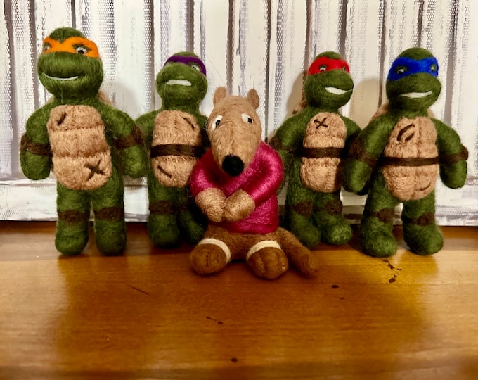 Teenage Mutant Ninja Turtles needle felted, Donatello, Michelangelo, Leonardo, Raphael, Splinter, TMNT