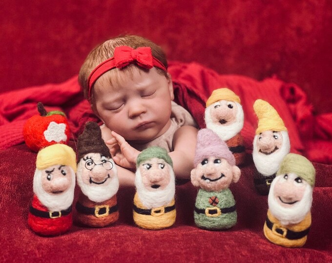 Seven Dwarfs Needle Felted, Snow White collectibles, felted bitten apple, snow shite newborn props