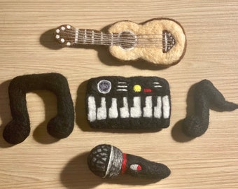 Needle Felted Music Instruments, felted Radios, Felted boom box, Felted keyboard, felted Guitar, felted music notes