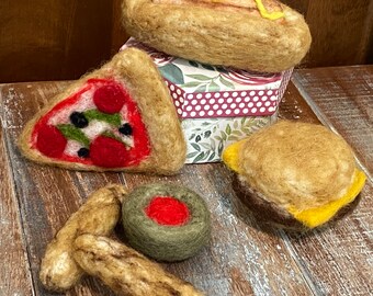 Needle Felted Food, Felted burger, Felted pizza, Felted cheese, Felted hot dog, felted cheese sticks