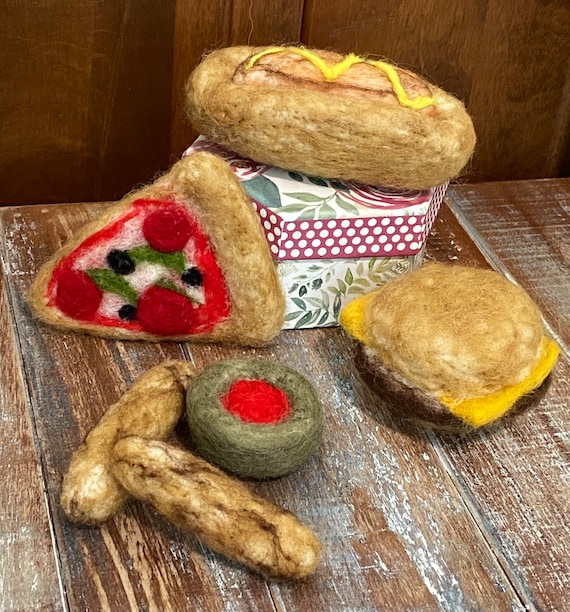 Needle Felted Food Set: Wool Burger, Pizza, Hot Dog, Cheese Sticks