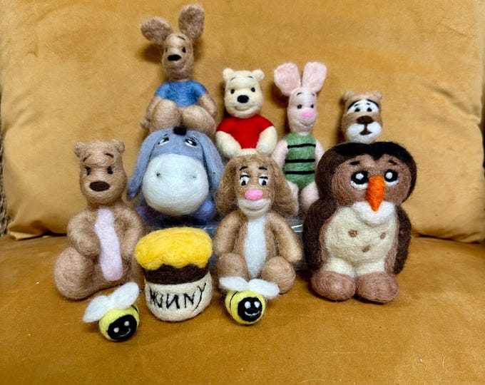 Needle Felted Classic Pooh Bear, one hundred acre woods, honey pot, Eeyore, owl, bee, Rabbit, vintage Piglet, vintage Tigger, Roo, kanga
